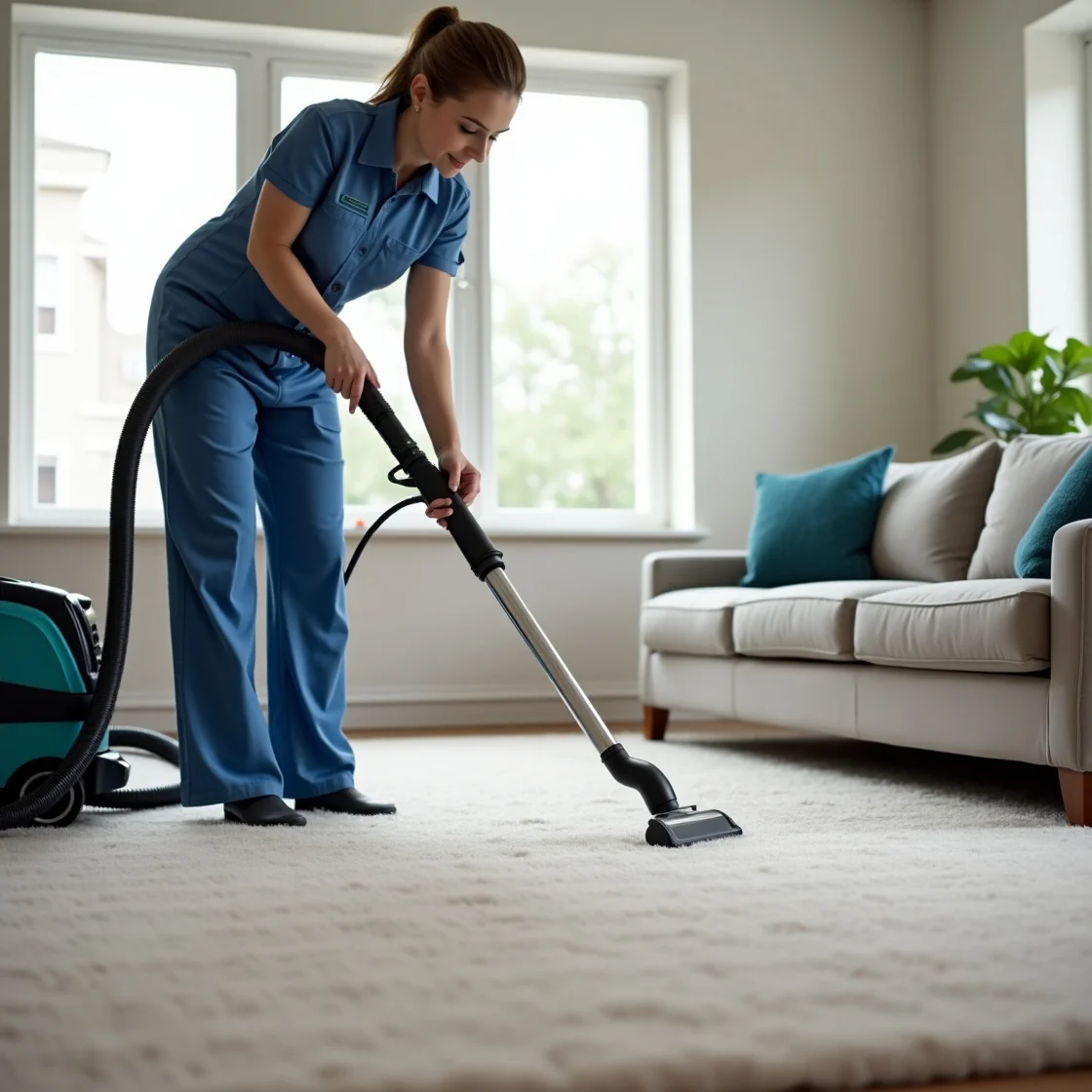 Cleaner using carpet cleaning machine on a living room carpet