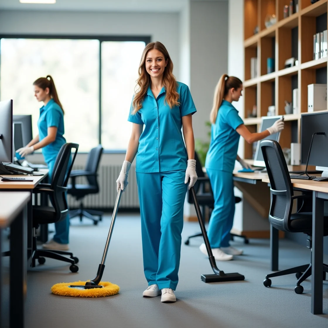 Cleaners using cleaning items in office