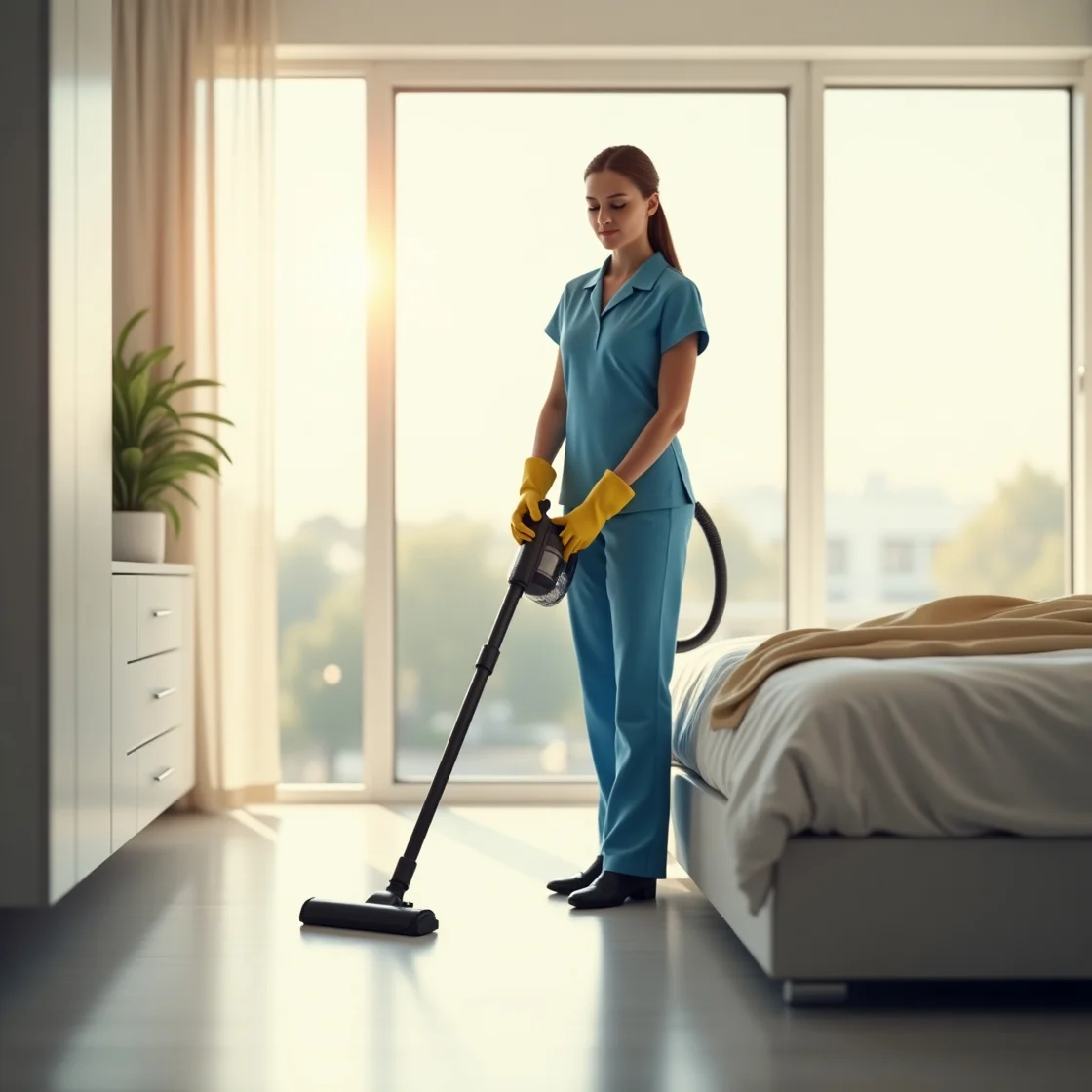 Cleaner using vacuum cleaner in bedroom
