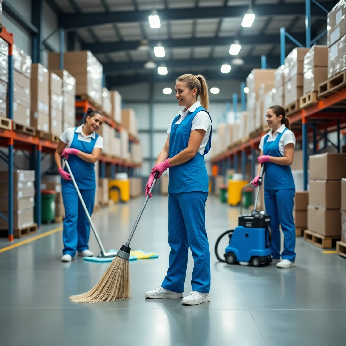 Cleaners using cleaning machines and items to clean a warehouse